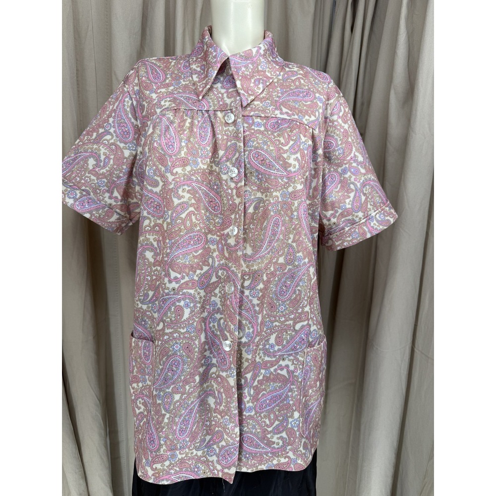 Vintage Land n Sea Paisley Blouse Pink Purple Short Sleeve Button Up Top Size 44